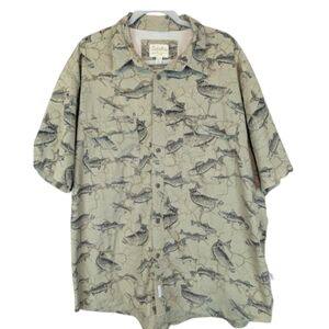Cabela's 2XL fishing shirt in green with fish graphics and back vent panel